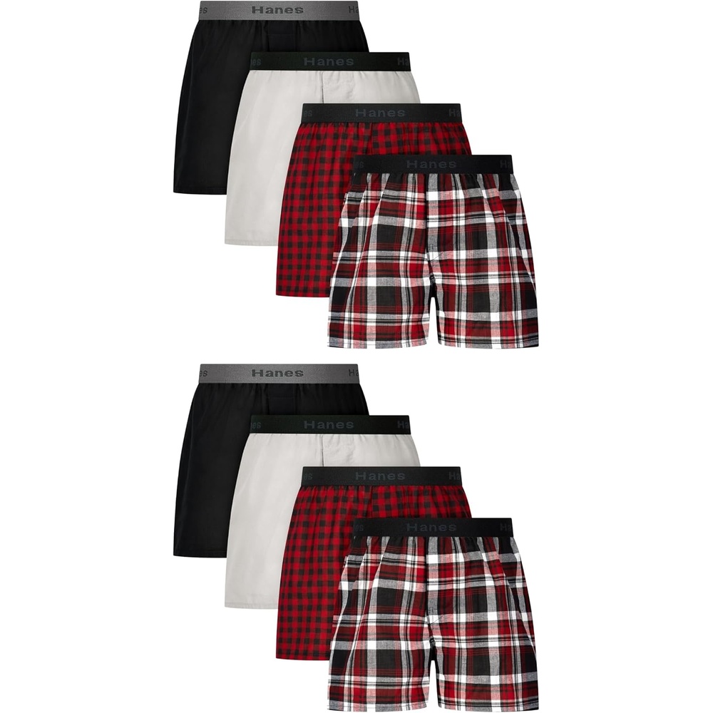 image:imageHanes boys Underwear Boxers 8pack Cottonblend Woven Boxers for Boys Moisturewicking BreathableBlackRed Plaid Soft Crayon BlackRed Check