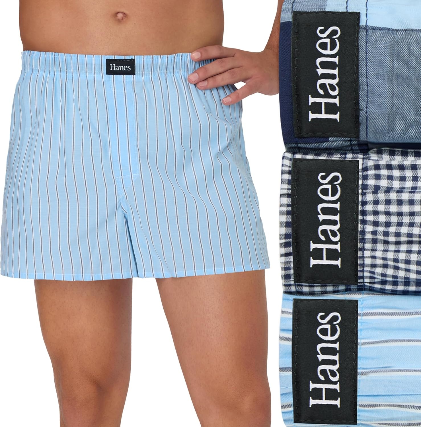 image:imageHanes Mens Underwear Boxers Originals Ultimate Cottonstretch Woven Moisturewicking Multipack BoxerBlue Checks and Stripes