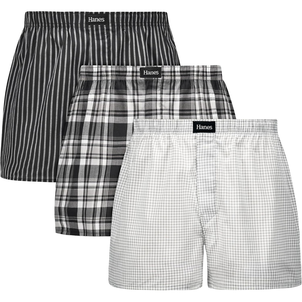 image:imageHanes Mens Underwear Boxers Originals Ultimate Cottonstretch Woven Moisturewicking Multipack BoxerBlackWhite Plaid and Prints