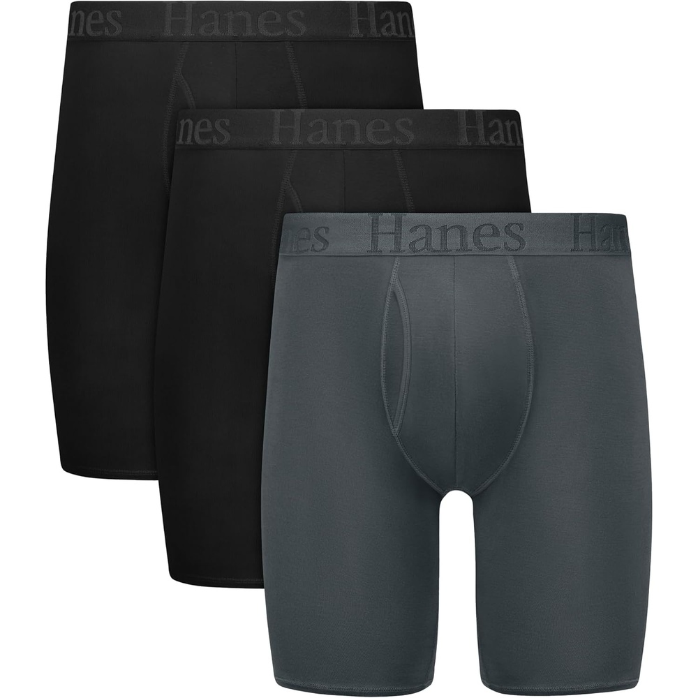 image:imageHanes Mens Originals Supersoft Boxer Brief Underwear Total Support Pouch Boxer Briefs for Men Long Leg amp Regular 3packBlack Grey