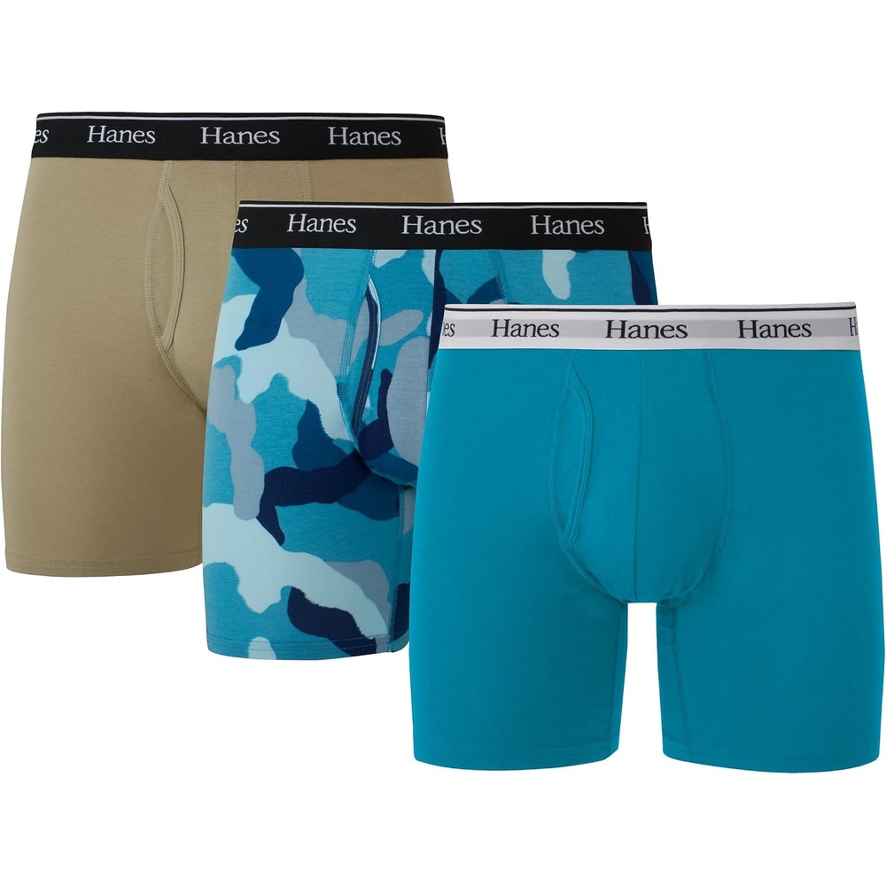 image:imageHanes Originals Mens Boxer Briefs amp Trunks Stretch Cotton MoistureWicking Underwear Modern Fit Low Rise MultipacksRegular Leg Blue CamoKhaki 3 Pack