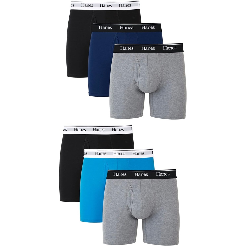 image:imageHanes Originals Mens Boxer Briefs amp Trunks Stretch Cotton MoistureWicking Underwear Modern Fit Low Rise MultipacksRegular Leg GreyBlueBlack 6 Pack