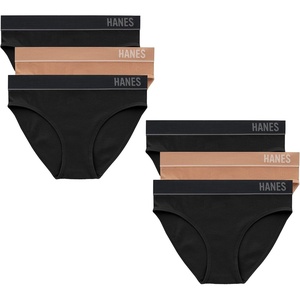 Hanes Women’s Originals Seamless Stretch Rib Bikini Panties Pack, Assorted Colors, 6-pack(4 Black/2 Deep Glow)