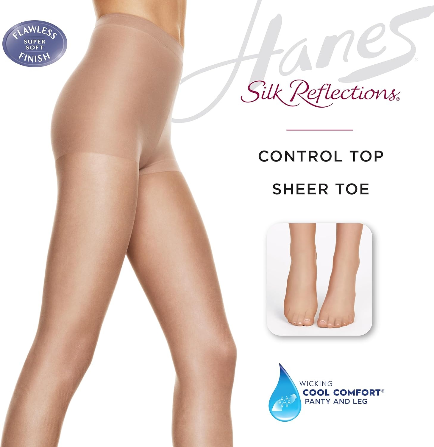 image:imageHanes Silk Reflections Womens Control Top Sheer Toe Silky PantyhoseQuicksilver