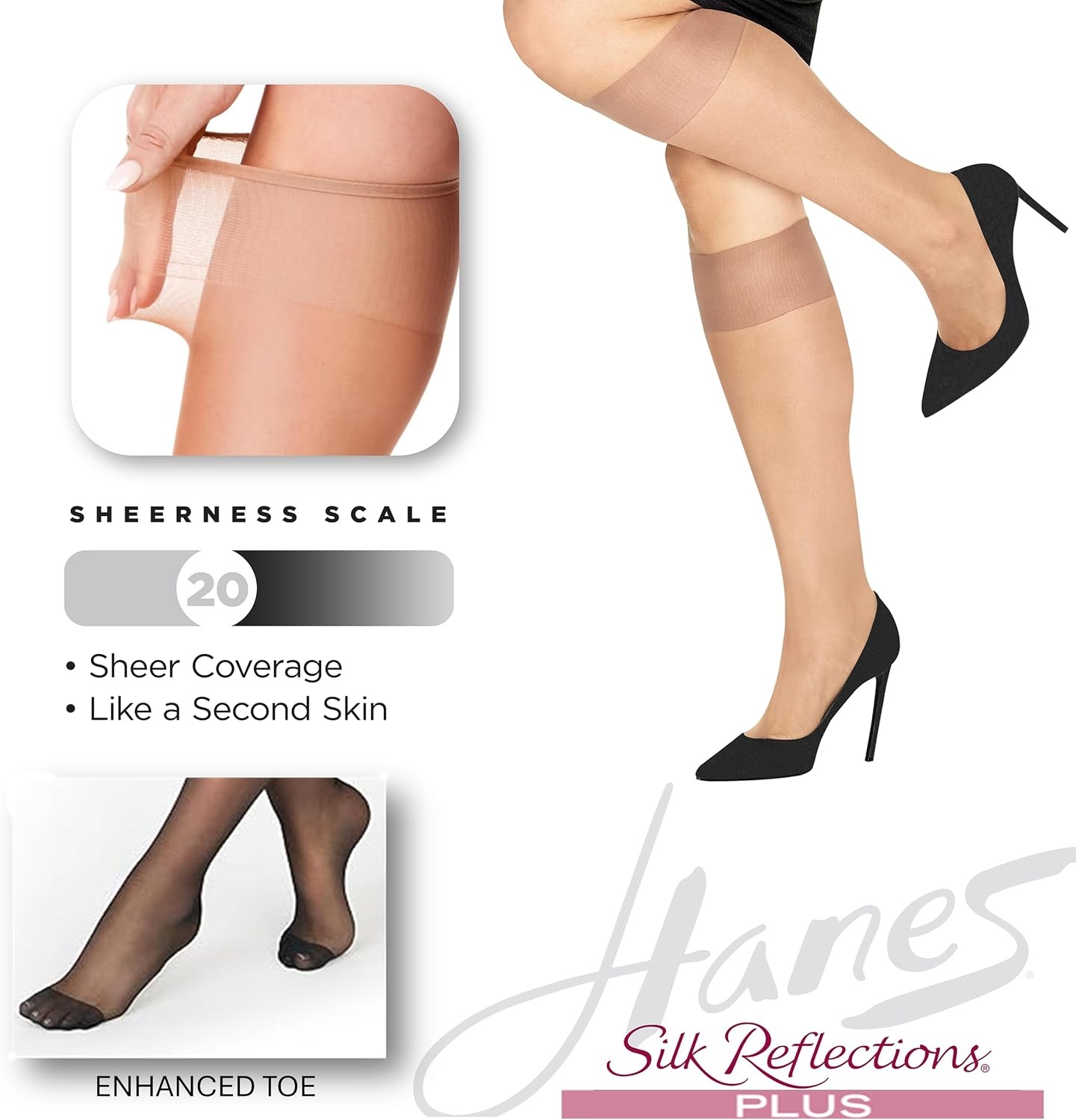 image:imageHanes Silk Reflections Womens Silky Plus Size Enhanced Toe KneeHigh StockingsLittle Color