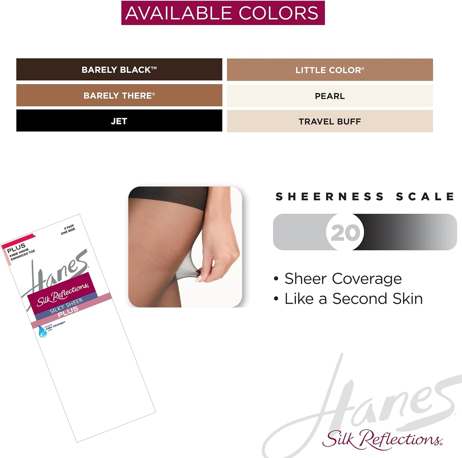 image:imageHanes Silk Reflections Womens Silky Plus Size Enhanced Toe KneeHigh StockingsLittle Color