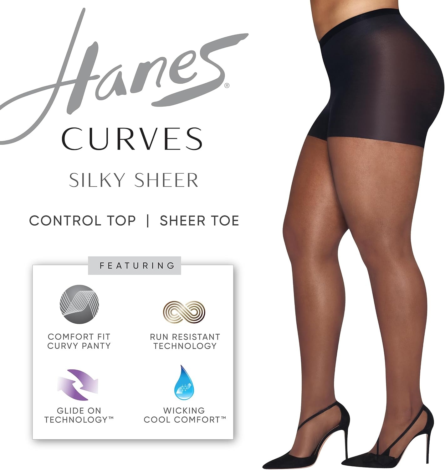 image:imageHanes Womens Curves Control Top Sheer Toe Silky Sheer Pantyhose With Wicking Cool ComfortBarely There