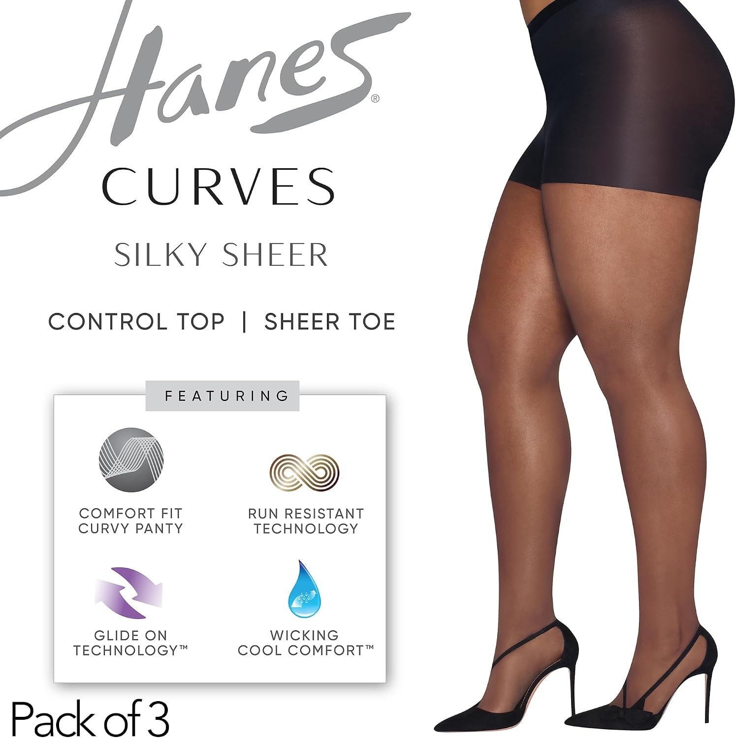 image:imageHanes Womens Curves Control Top Sheer Toe Silky Sheer Pantyhose With Wicking Cool ComfortBarely There Pack of 3