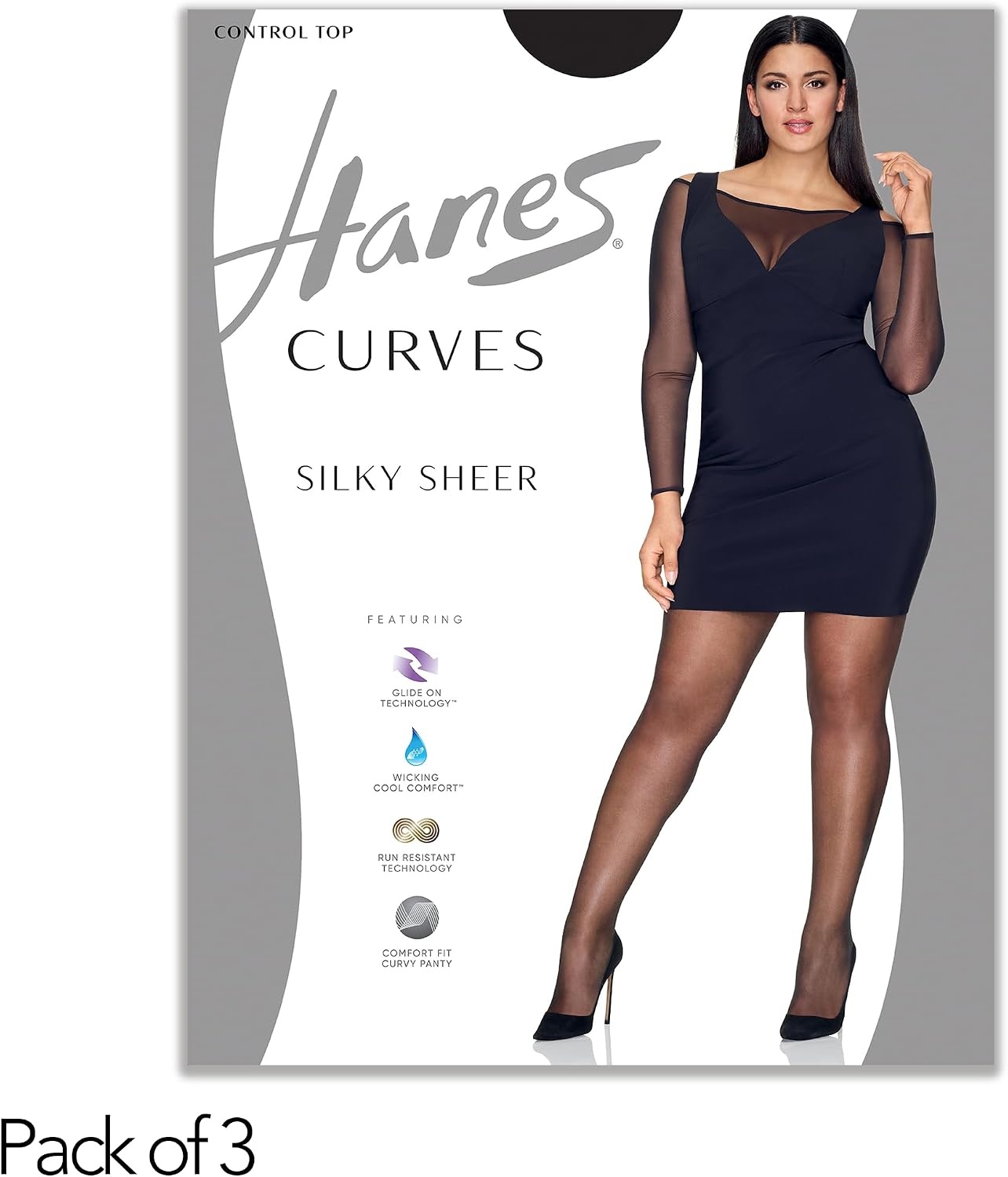 image:imageHanes Womens Curves Control Top Sheer Toe Silky Sheer Pantyhose With Wicking Cool ComfortBarely There Pack of 3