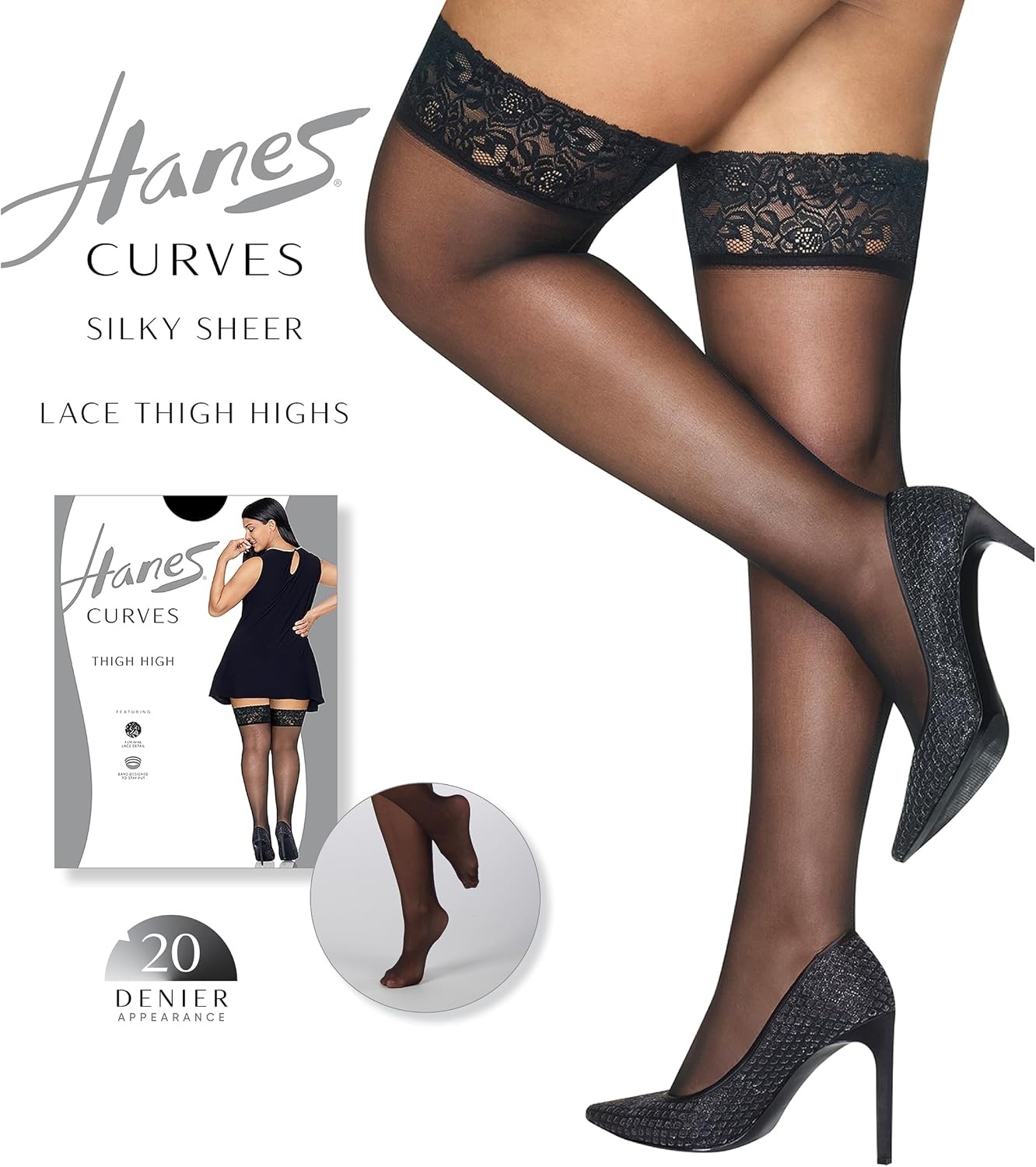 image:imageHanes Womens Curves Sheertoe Silky Sheer Lace Topped Thigh High Stockings Wicking Cool ComfortNude