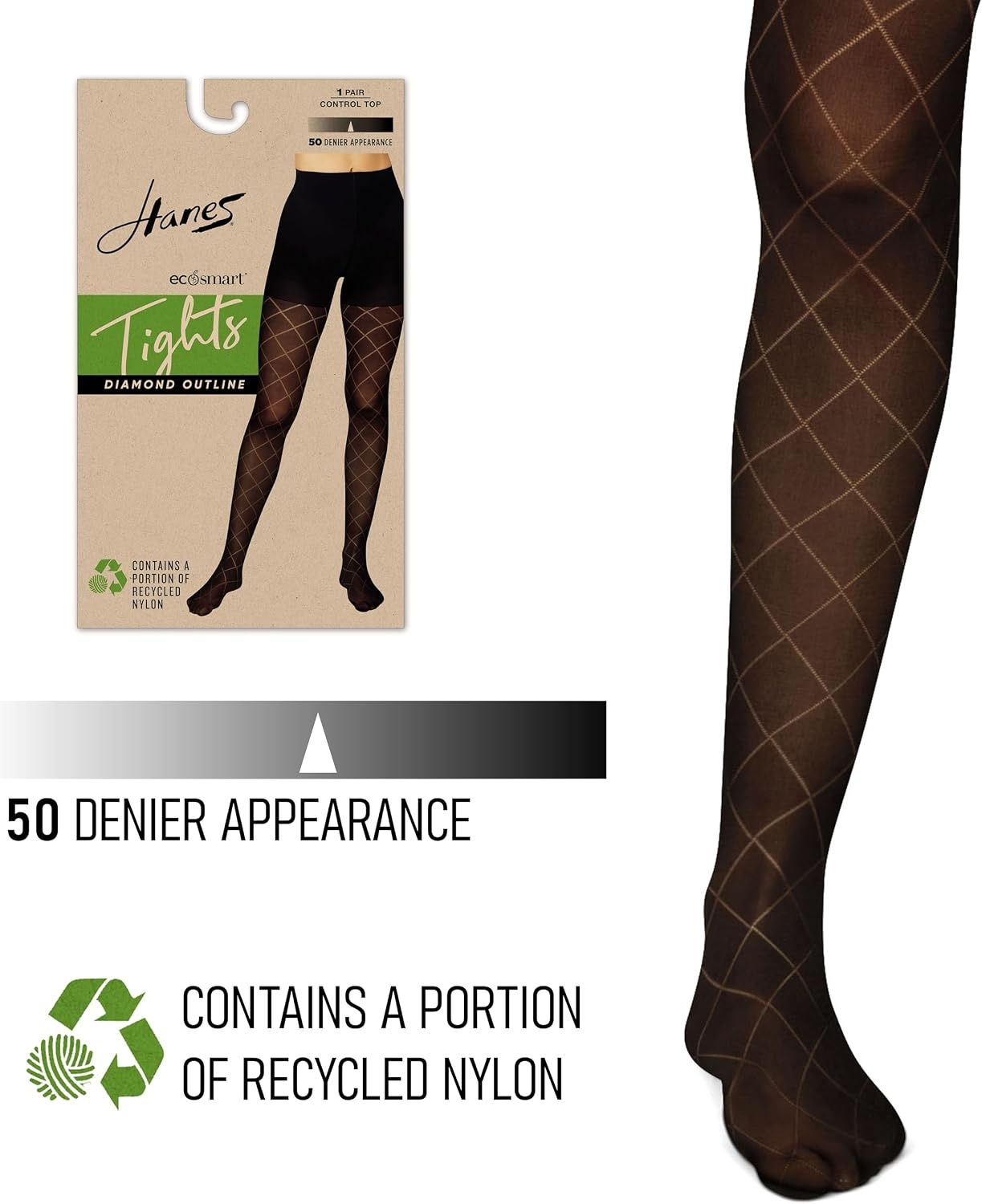 image:imageHanes Womens EcoSmart Fashion Diamond Outline Control Top Sheer Toe TightsBlack