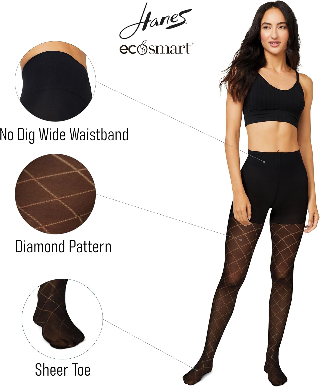 image:imageHanes Womens EcoSmart Fashion Diamond Outline Control Top Sheer Toe TightsBlack