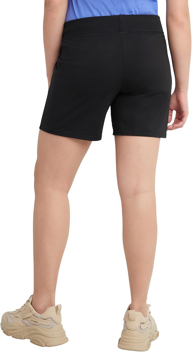 image:imageHanes Womens Jersey Pocket Shorts Drawstring Cotton Jersey Shorts 7 InseamBlack