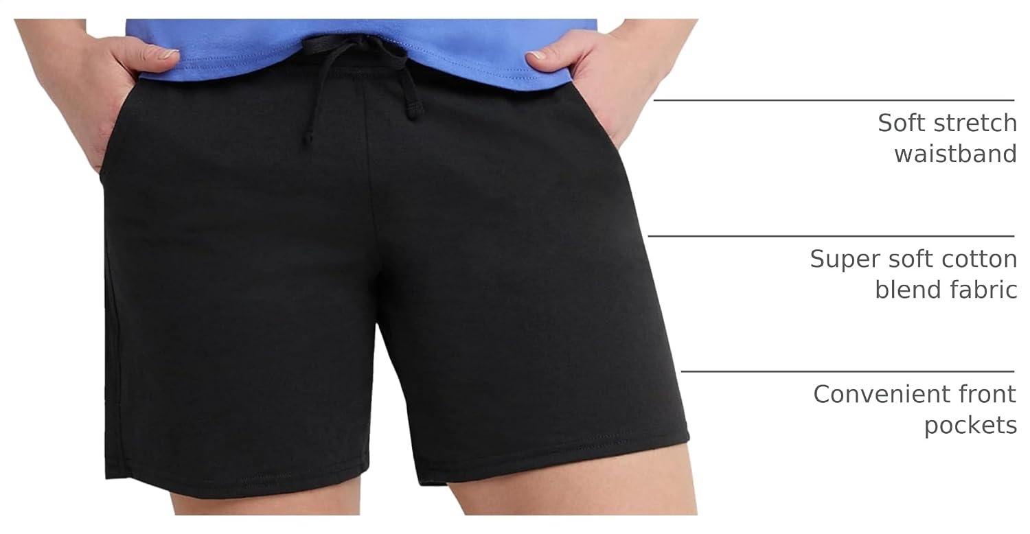 image:imageHanes Womens Jersey Pocket Shorts Drawstring Cotton Jersey Shorts 7 InseamBlack