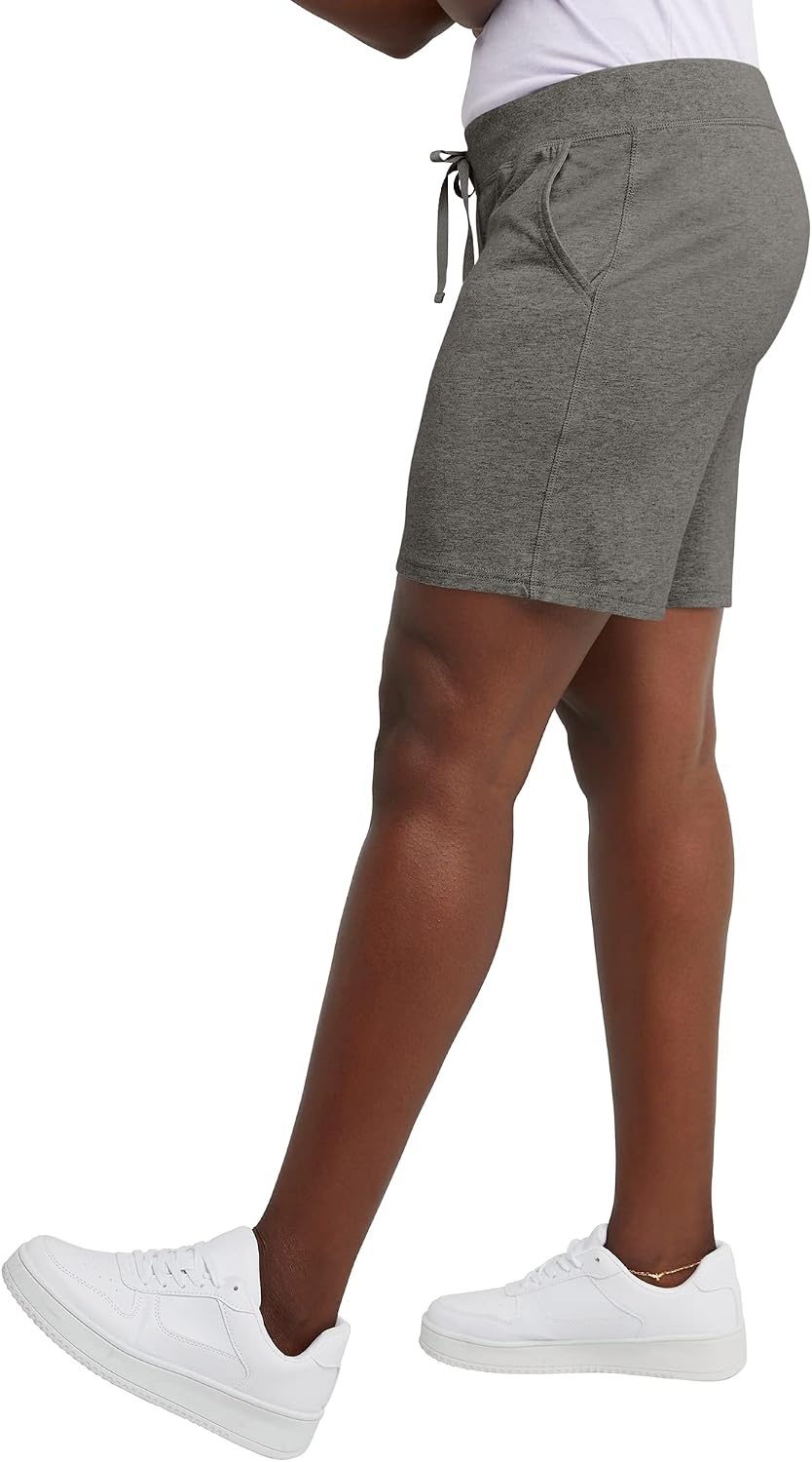 image:imageHanes Womens Jersey Pocket Shorts Drawstring Cotton Jersey Shorts 7 InseamCharcoal Heather