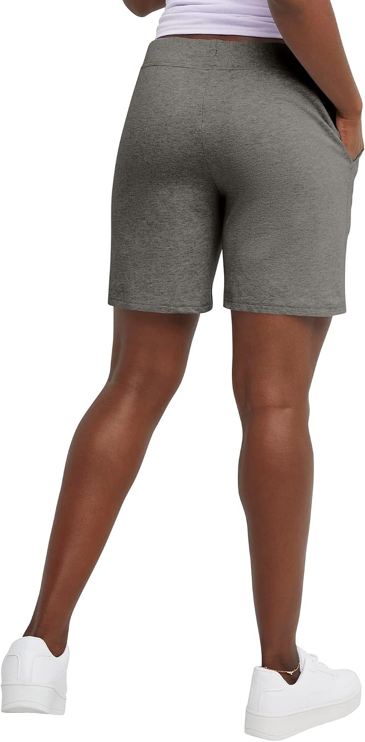 image:imageHanes Womens Jersey Pocket Shorts Drawstring Cotton Jersey Shorts 7 InseamCharcoal Heather