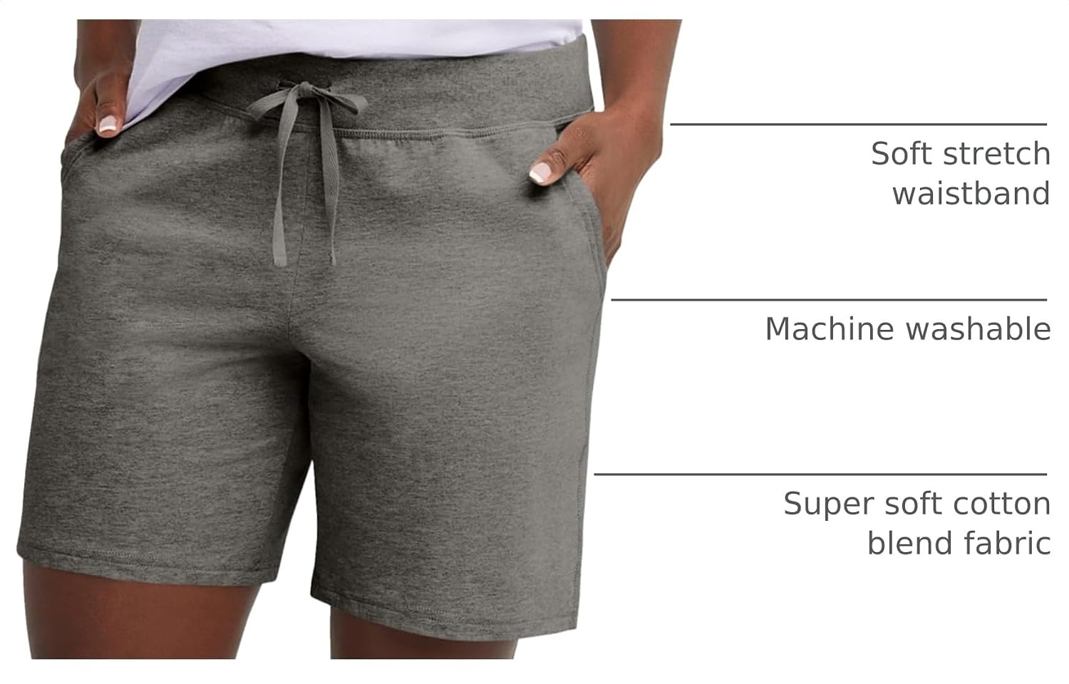 image:imageHanes Womens Jersey Pocket Shorts Drawstring Cotton Jersey Shorts 7 InseamCharcoal Heather