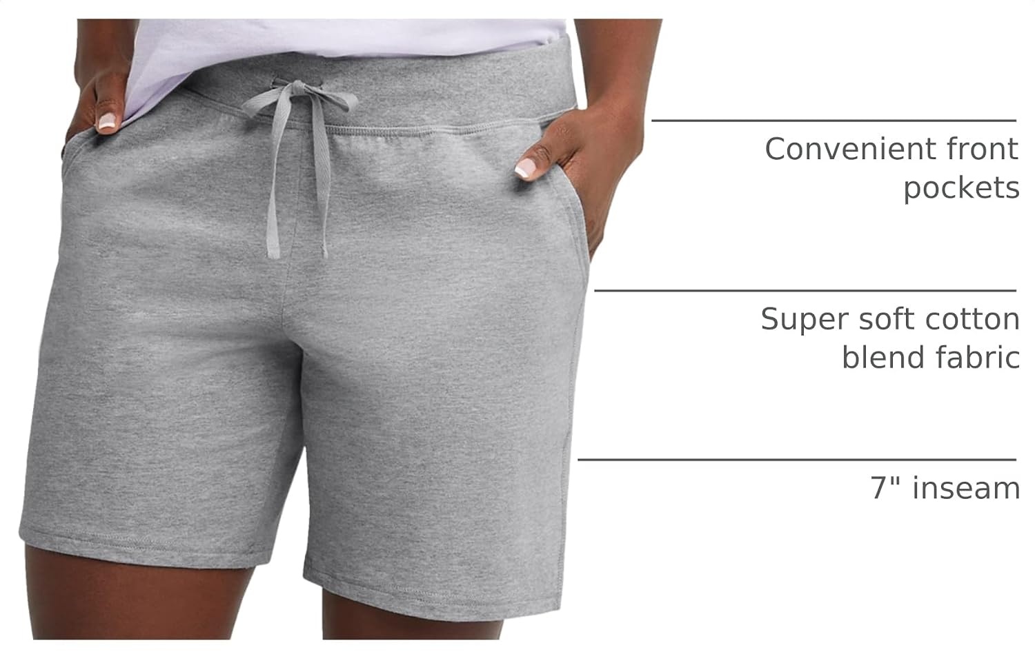 image:imageHanes Womens Jersey Pocket Shorts Drawstring Cotton Jersey Shorts 7 InseamLight Steel