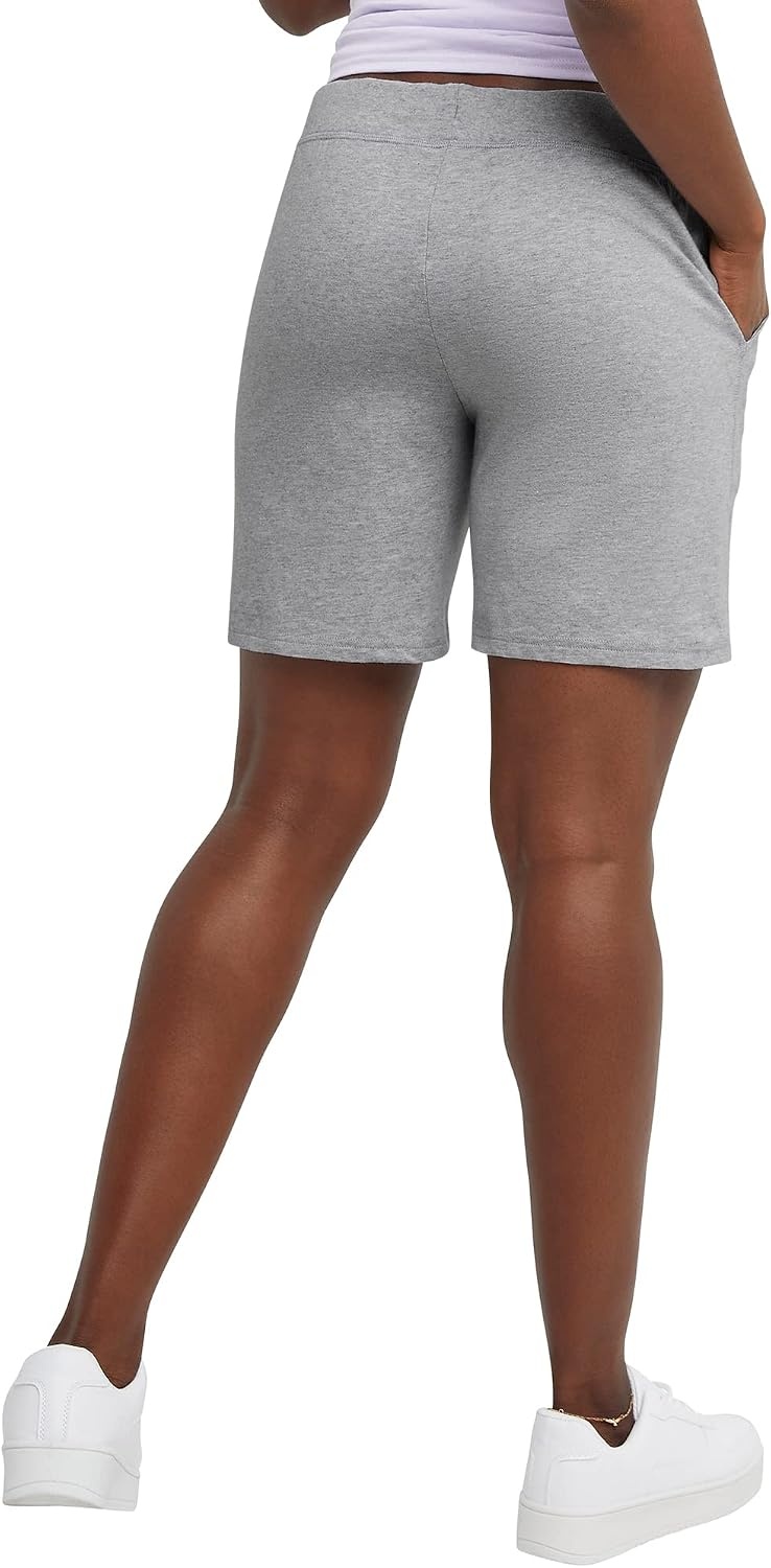 image:imageHanes Womens Jersey Pocket Shorts Drawstring Cotton Jersey Shorts 7 InseamLight Steel