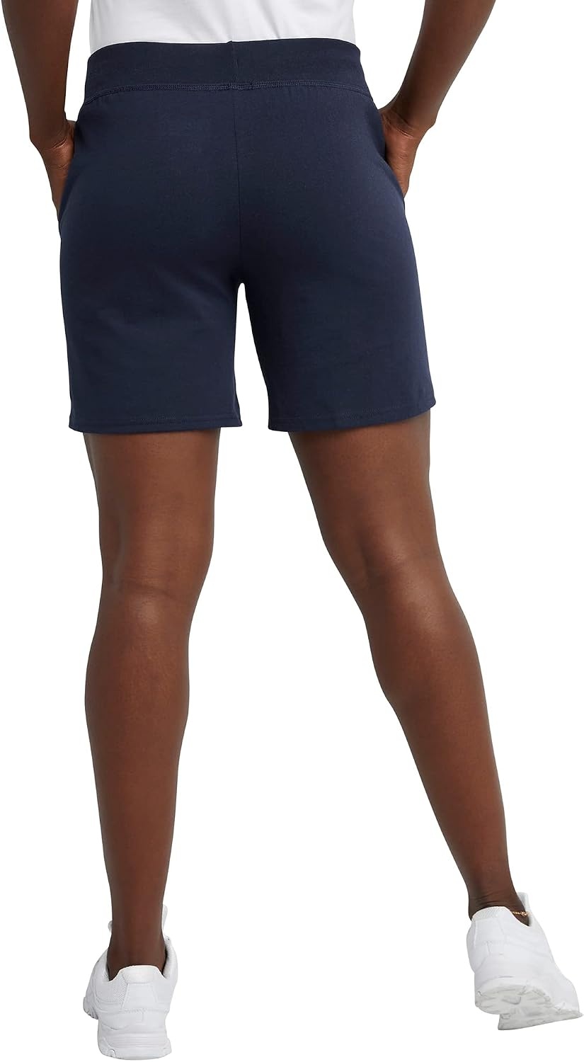 image:imageHanes Womens Jersey Pocket Shorts Drawstring Cotton Jersey Shorts 7 InseamNavy