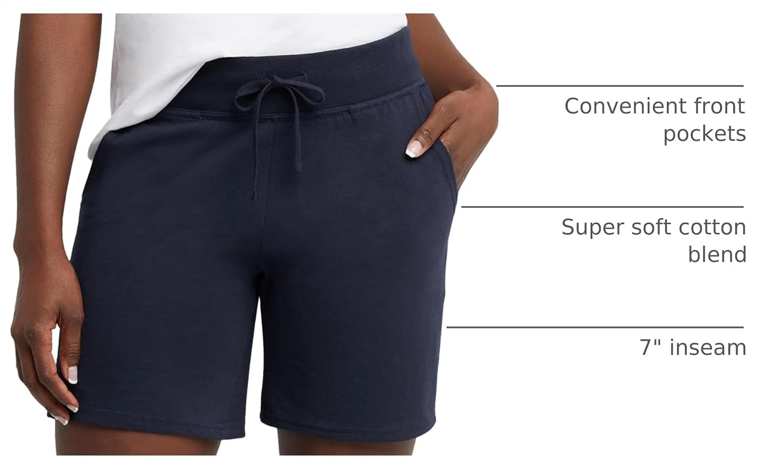 image:imageHanes Womens Jersey Pocket Shorts Drawstring Cotton Jersey Shorts 7 InseamNavy