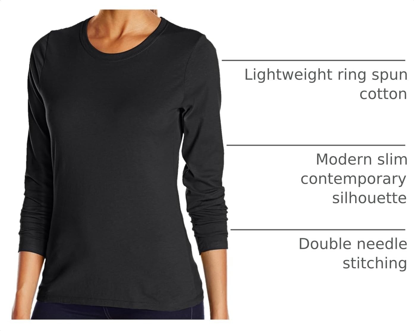 image:imageHanes Womens Long Sleeve Cotton TShirt Lightweight Crewneck and VNeck Tee for Women Modern FitEbony