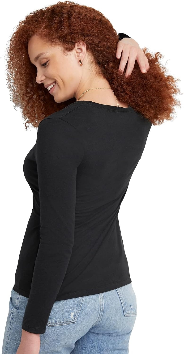 image:imageHanes Womens Long Sleeve Cotton TShirt Lightweight Crewneck and VNeck Tee for Women Modern FitEbony
