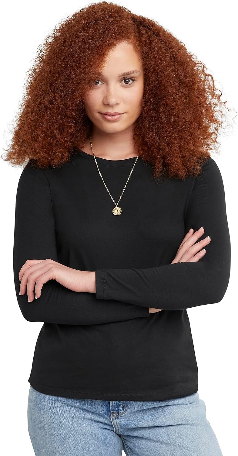 image:imageHanes Womens Long Sleeve Cotton TShirt Lightweight Crewneck and VNeck Tee for Women Modern FitEbony