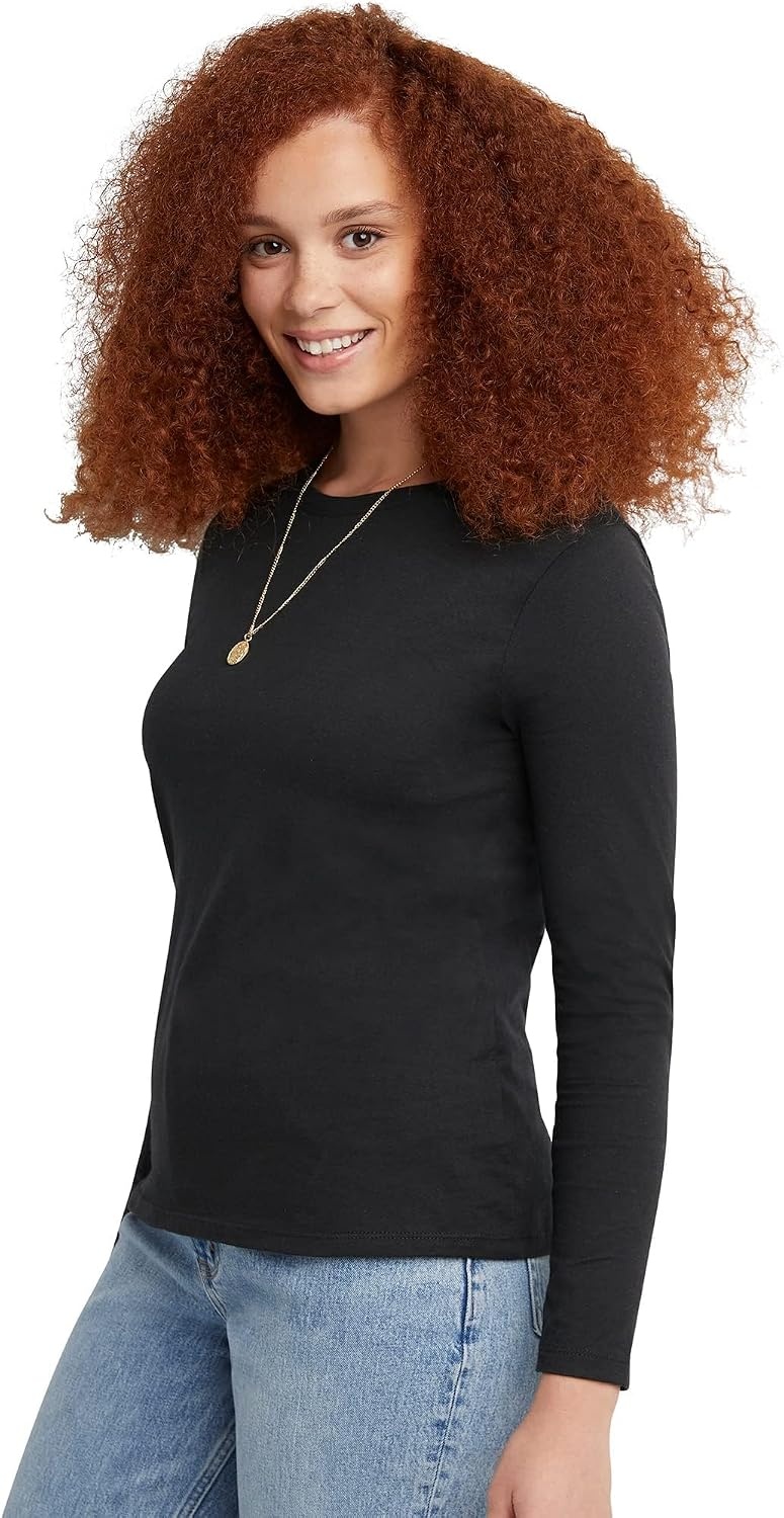 image:imageHanes Womens Long Sleeve Cotton TShirt Lightweight Crewneck and VNeck Tee for Women Modern FitEbony