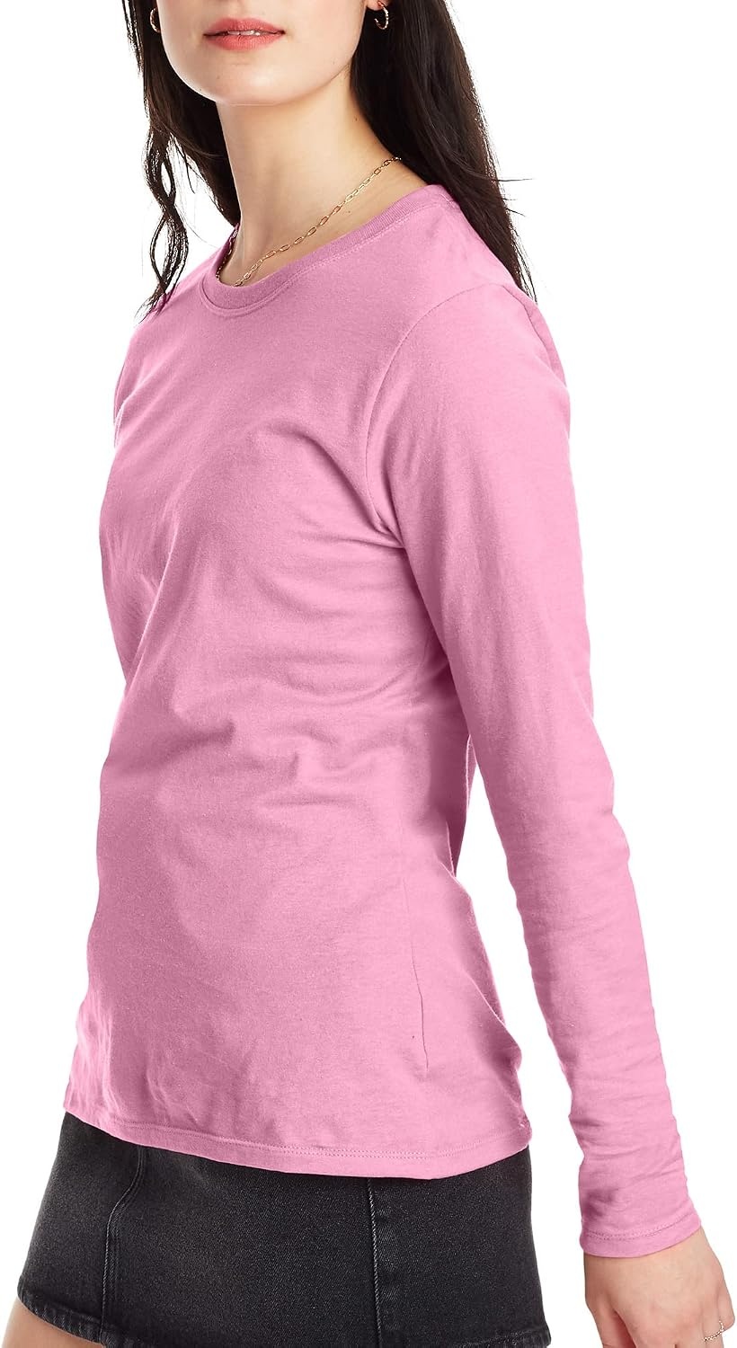 image:imageHanes Womens Long Sleeve Cotton TShirt Lightweight Crewneck and VNeck Tee for Women Modern FitPink Swish