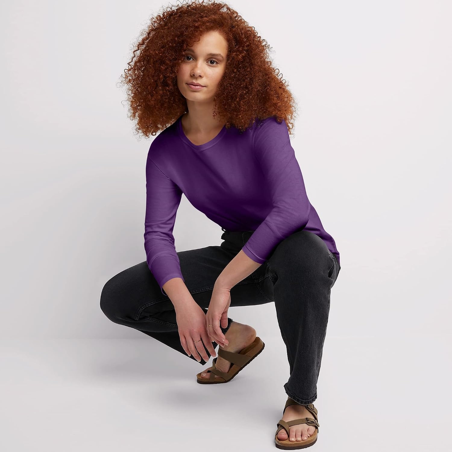 image:imageHanes Womens Long Sleeve Cotton TShirt Lightweight Crewneck and VNeck Tee for Women Modern FitViolet Splendor