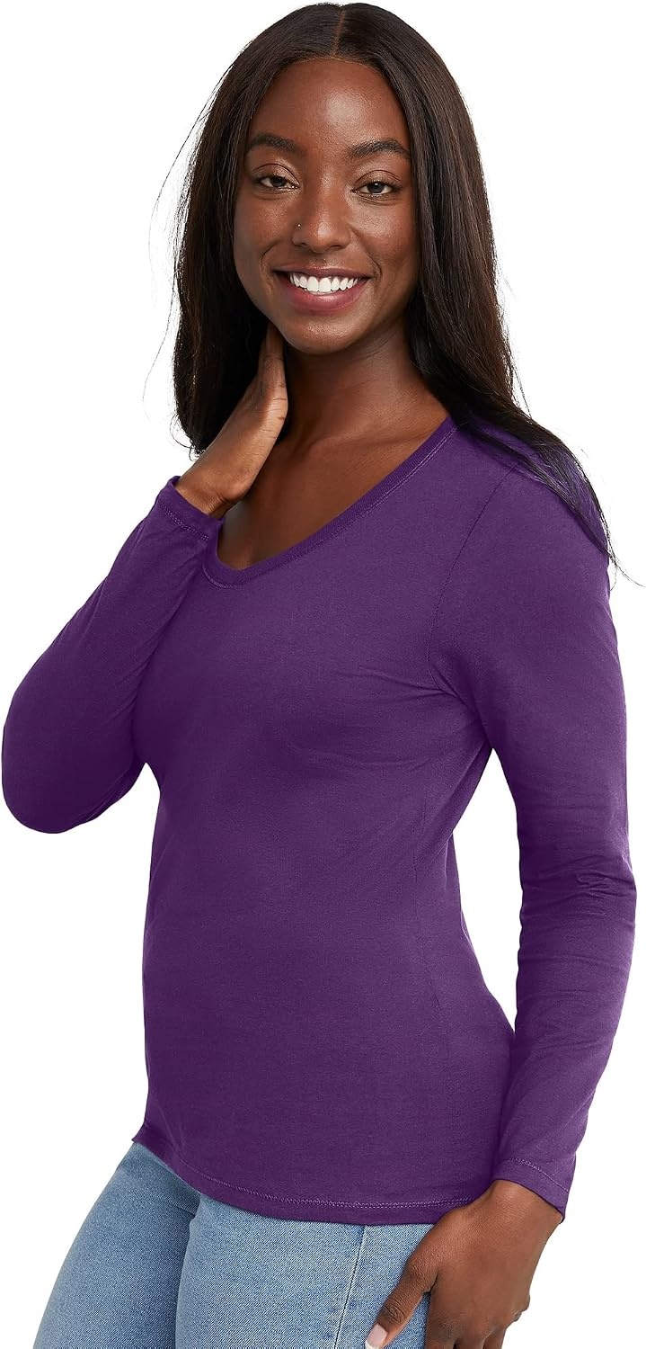 image:imageHanes Womens Long Sleeve Cotton TShirt Lightweight Crewneck and VNeck Tee for Women Modern FitViolet Splendor