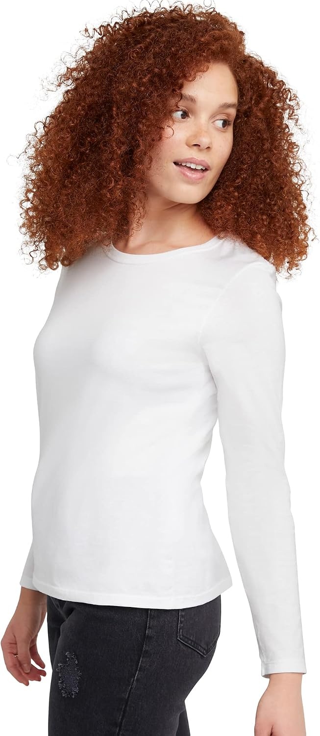 image:imageHanes Womens Long Sleeve Cotton TShirt Lightweight Crewneck and VNeck Tee for Women Modern FitWhite