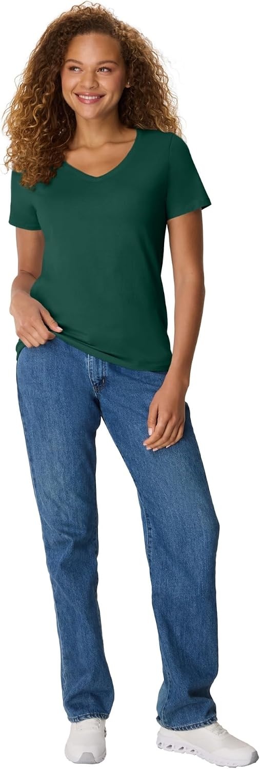 image:imageHanes Womens PerfectT Vneck Tshirt Cotton Short Sleeve Tee for Women 1 or 2PackDeep Forest