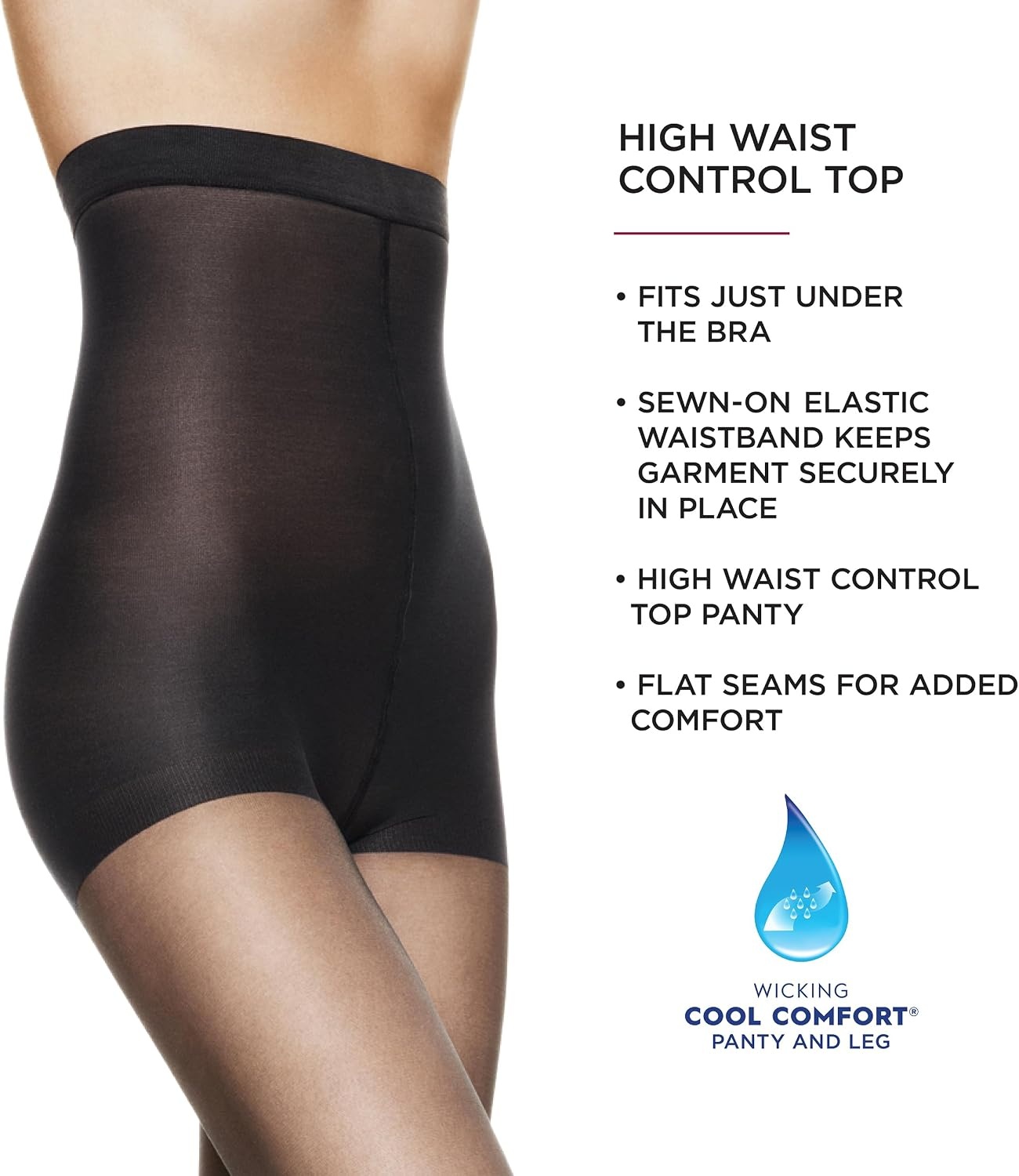 image:imageHanes Womens Silk Reflections Control Top Sheer Toe Silky Sheer High Waisted PantyhoseBarely Black