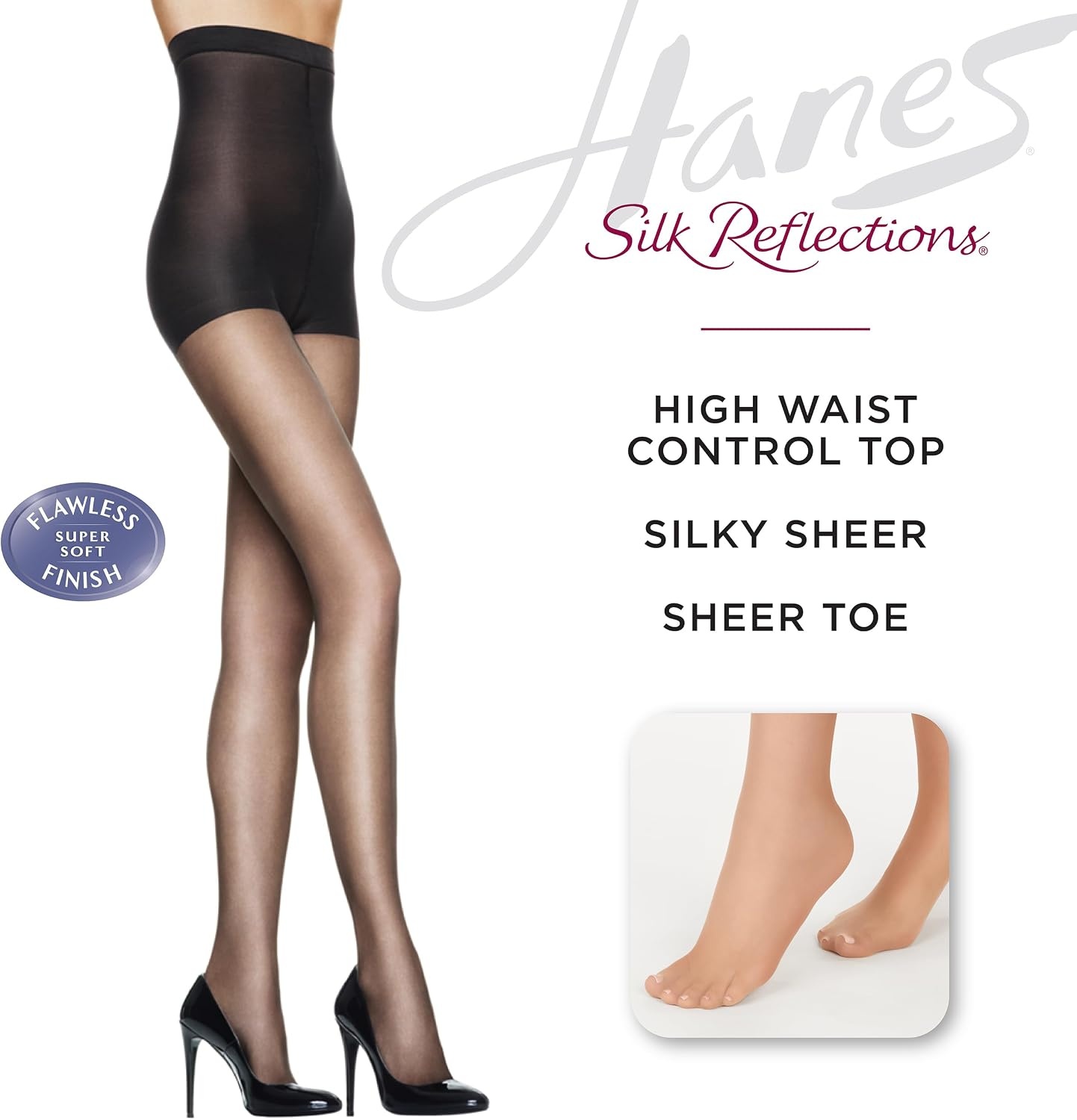 image:imageHanes Womens Silk Reflections Control Top Sheer Toe Silky Sheer High Waisted PantyhoseBarely There