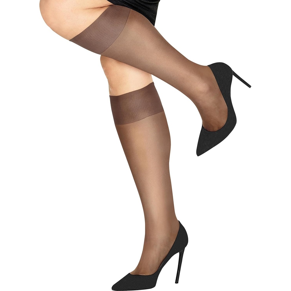 image:imageHanes Silk Reflections Womens Silky Plus Size Enhanced Toe KneeHigh StockingsBarely Black
