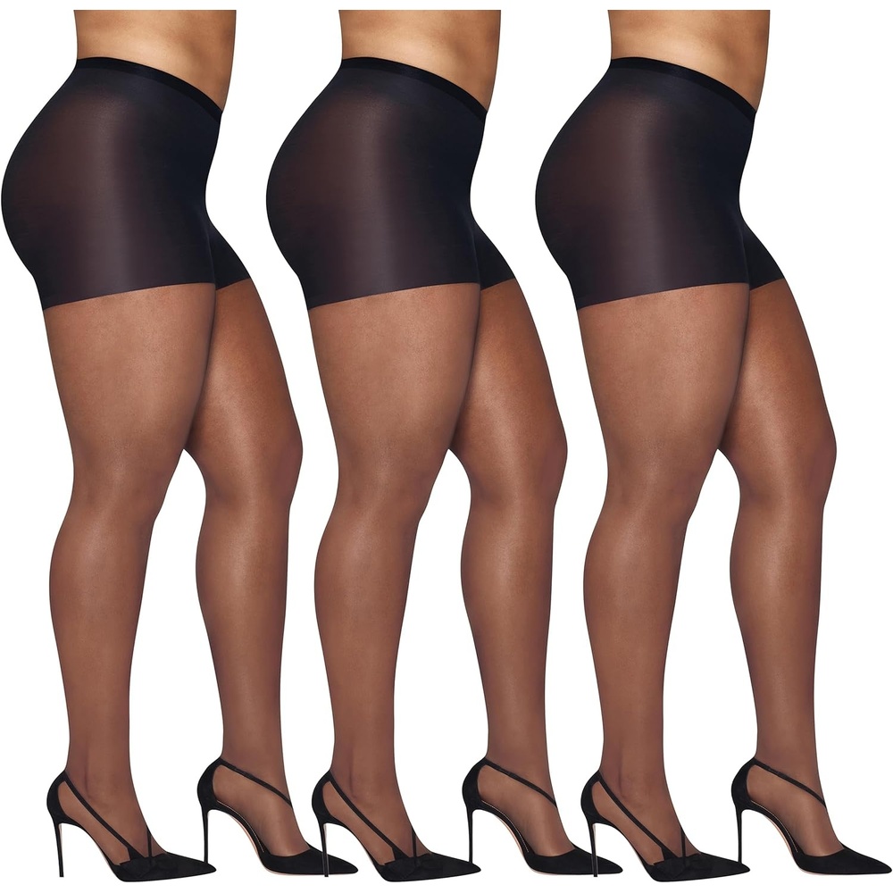 image:imageHanes Womens Curves Control Top Sheer Toe Silky Sheer Pantyhose With Wicking Cool ComfortBlack Pack of 3