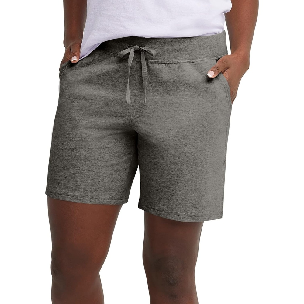 image:imageHanes Womens Jersey Pocket Shorts Drawstring Cotton Jersey Shorts 7 InseamCharcoal Heather