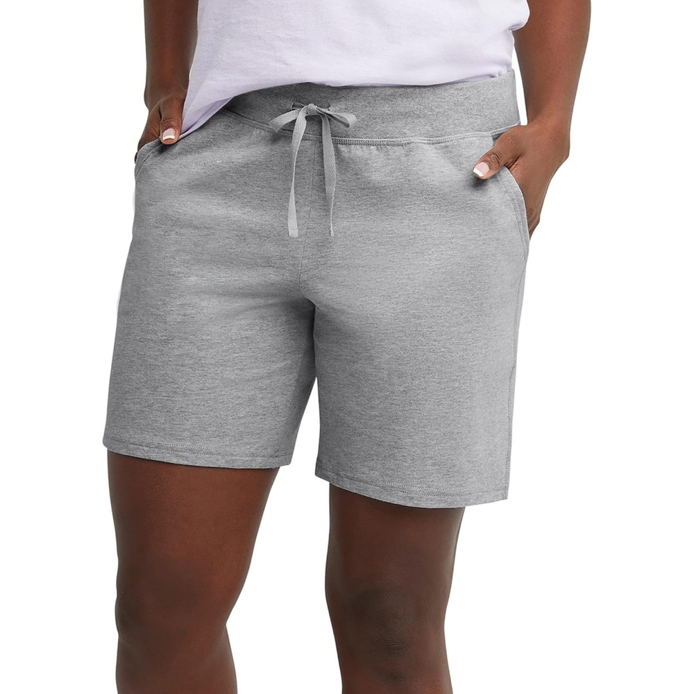 image:imageHanes Womens Jersey Pocket Shorts Drawstring Cotton Jersey Shorts 7 InseamLight Steel