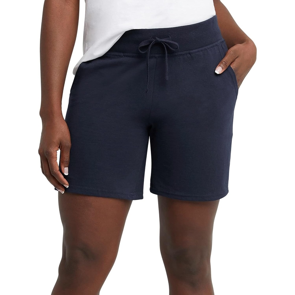 image:imageHanes Womens Jersey Pocket Shorts Drawstring Cotton Jersey Shorts 7 InseamNavy