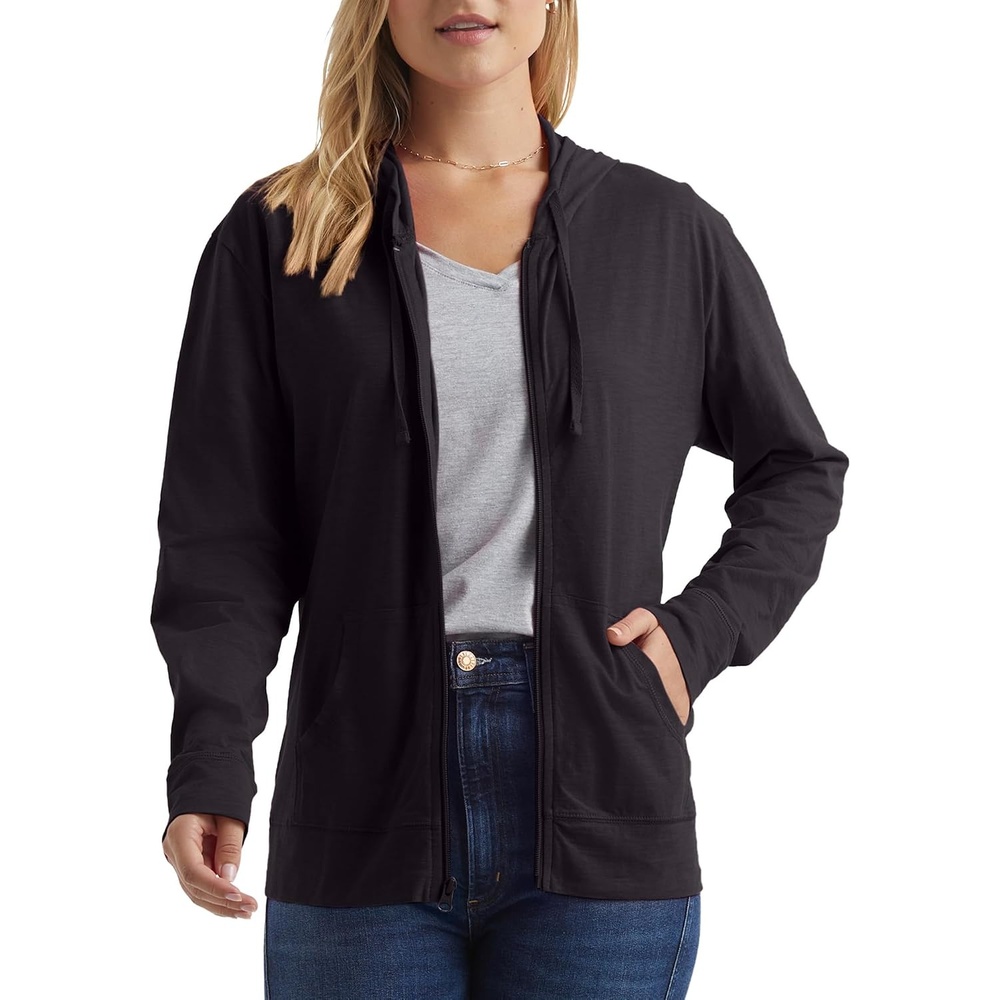 image:imageHanes Womens Lightweight Full Zip Hoodie Textured Cotton Zip Up TShirt HoodieBlack