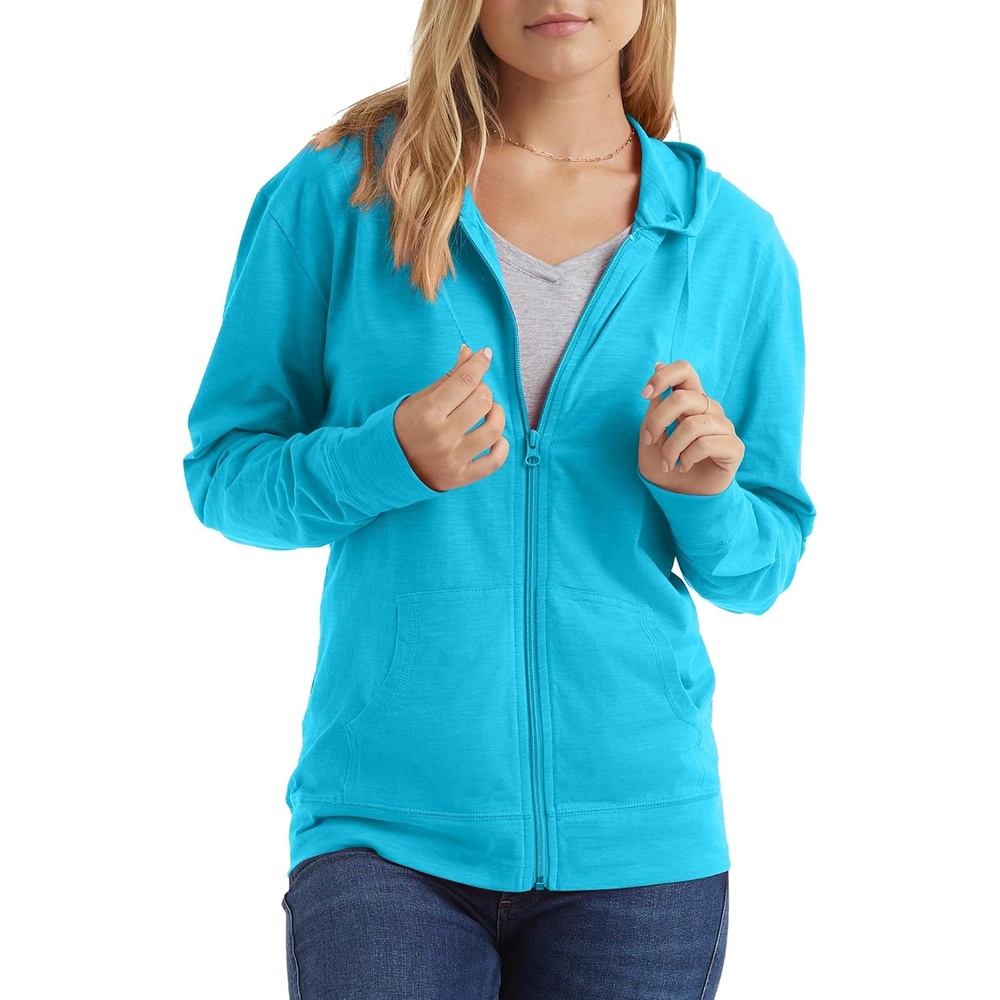 image:imageHanes Womens Lightweight Full Zip Hoodie Textured Cotton Zip Up TShirt HoodieProcess Blue