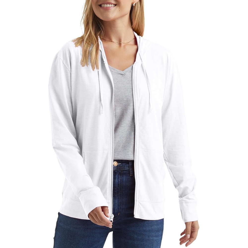 image:imageHanes Womens Lightweight Full Zip Hoodie Textured Cotton Zip Up TShirt HoodieWhite