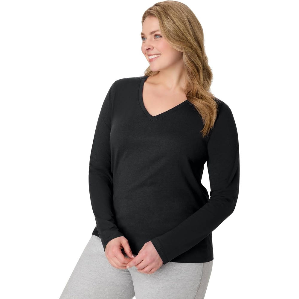image:imageHanes Womens Long Sleeve Cotton TShirt Lightweight Crewneck and VNeck Tee for Women Modern FitEbony