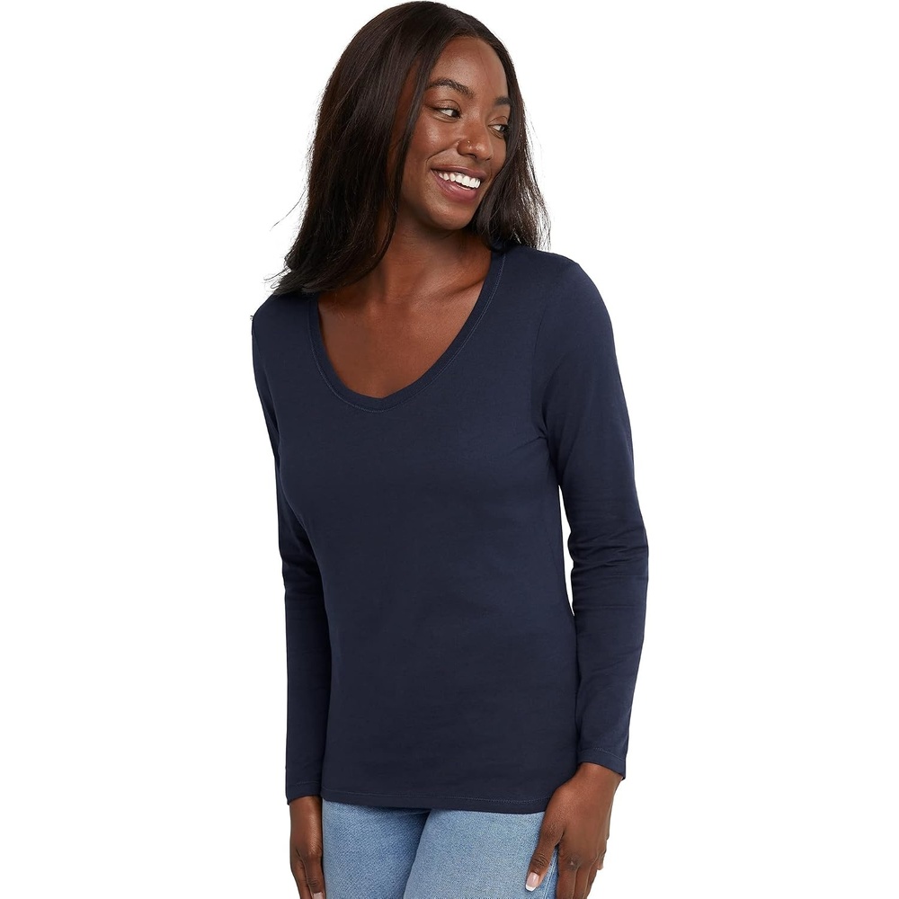 image:imageHanes Womens Long Sleeve Cotton TShirt Lightweight Crewneck and VNeck Tee for Women Modern FitNavy