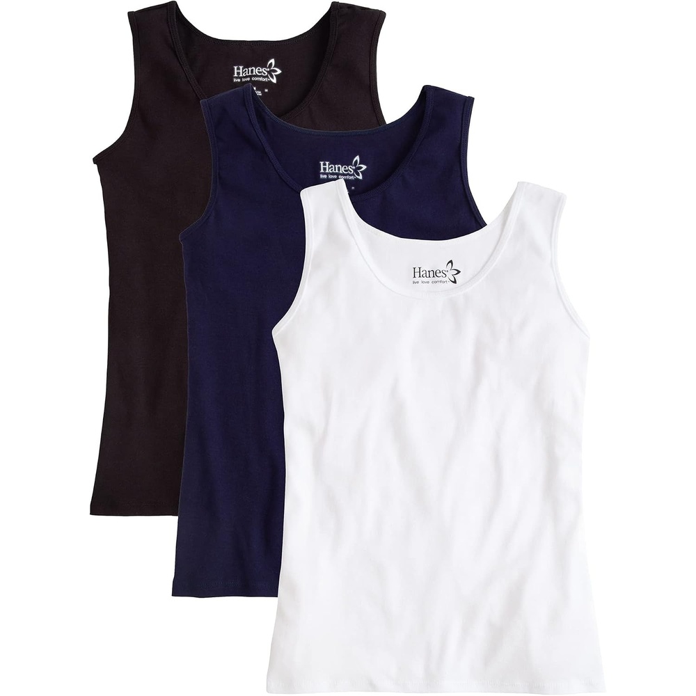 image:imageHanes Womens Shirts Womens MiniRibbed Cotton Tank Tops Womens Sleeveless TShirts Womens TanksBlack Navy White 3 Pack