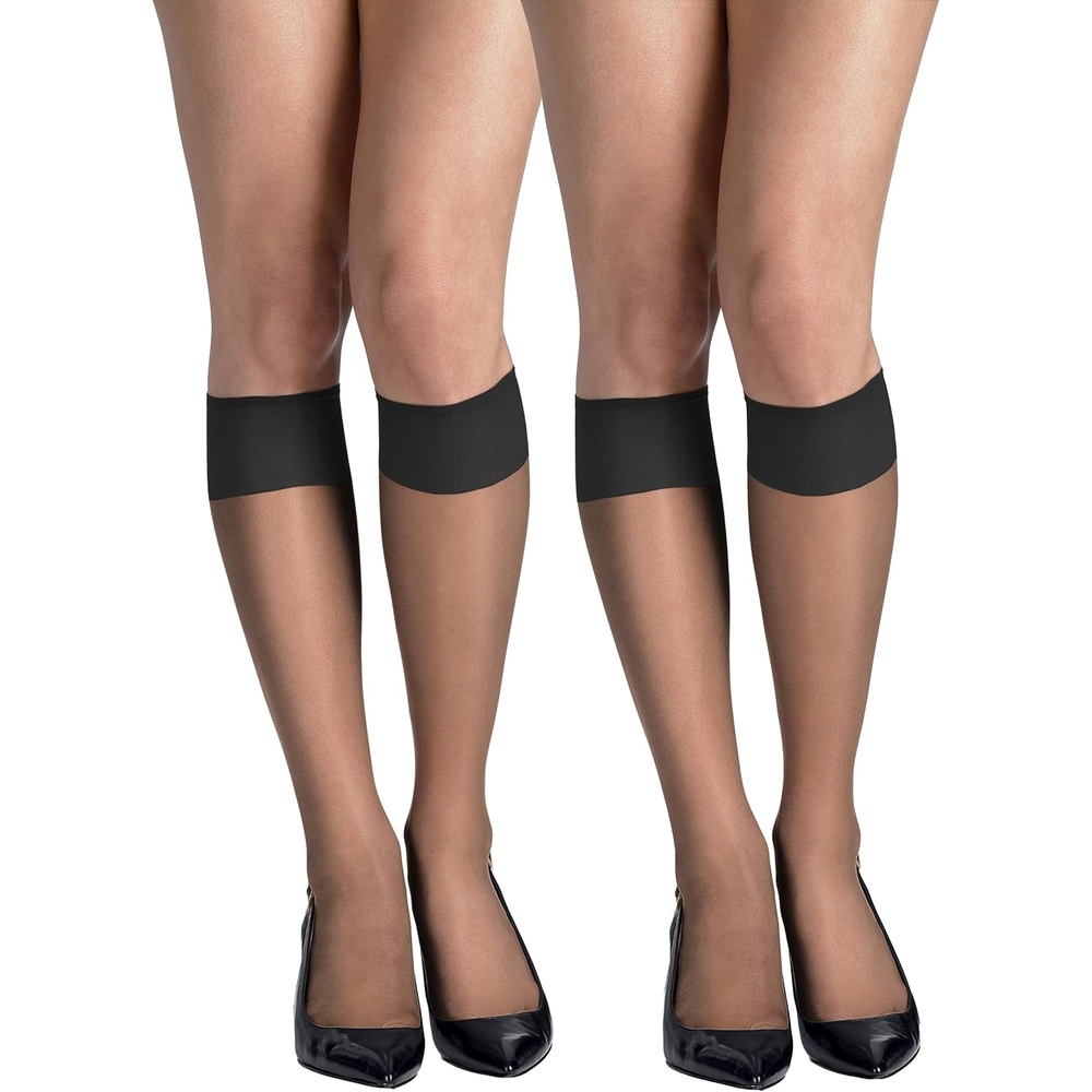 image:imageHanes Womens Silk Reflections Silky Sheer Knee Highs Reinforced Toe KneeHigh StockingsBarely Black Pack of 2