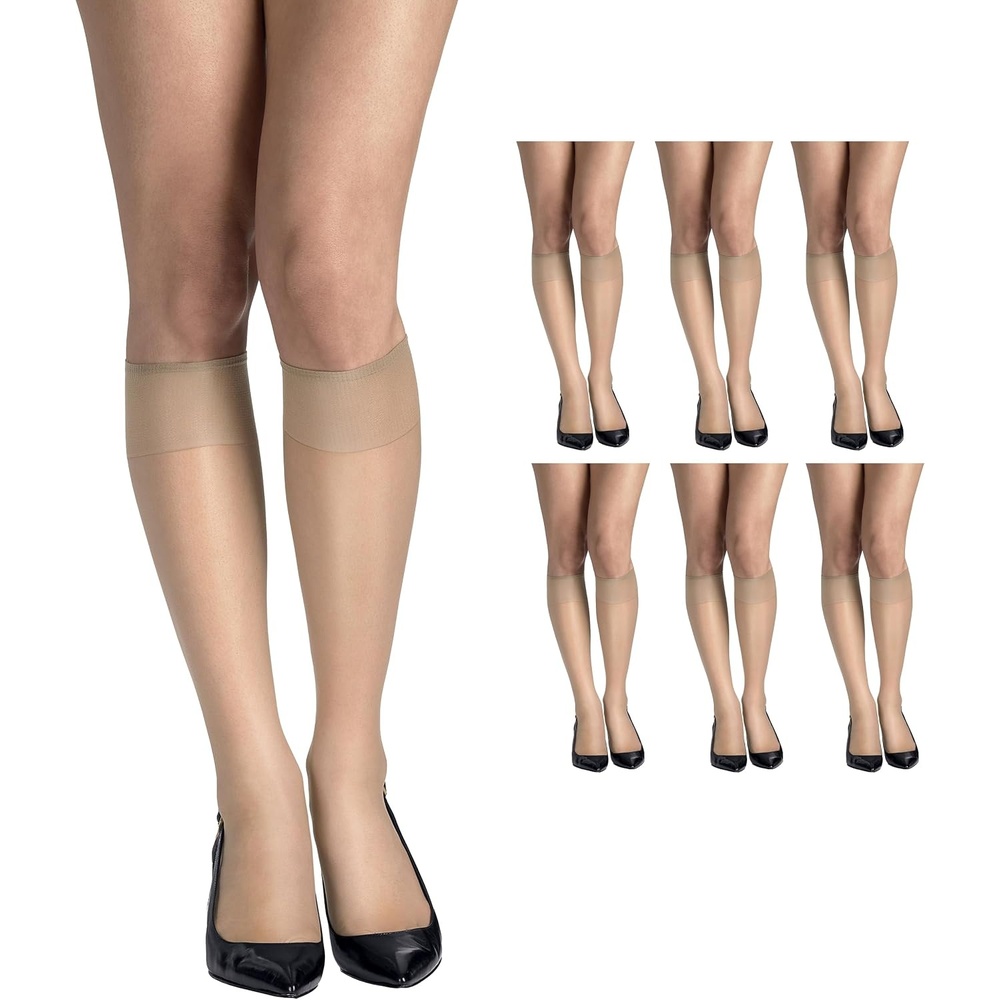 image:imageHanes Womens Silk Reflections Silky Sheer Knee Highs Reinforced Toe KneeHigh StockingsNude Pack of 6