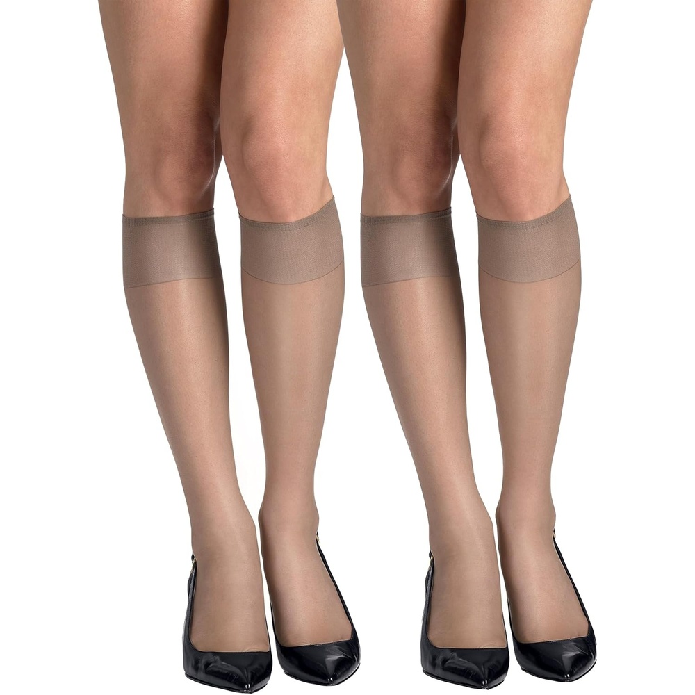 image:imageHanes Womens Silk Reflections Silky Sheer Knee Highs Reinforced Toe KneeHigh StockingsSoft Taupe Pack of 2